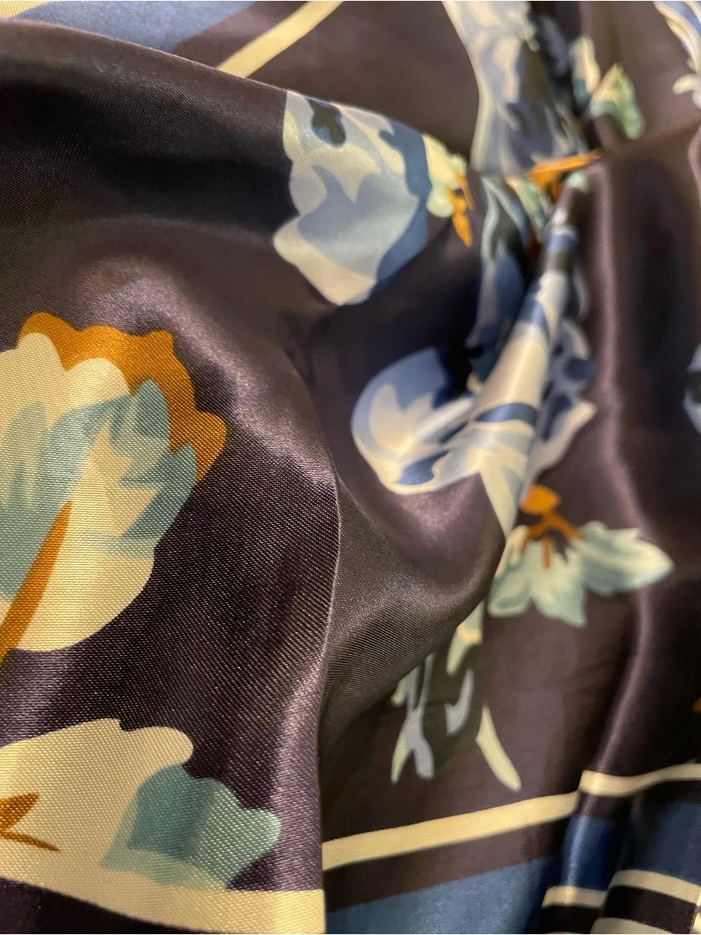 Elegant Silk Feel Blue on Blue Floral Satin Scarf